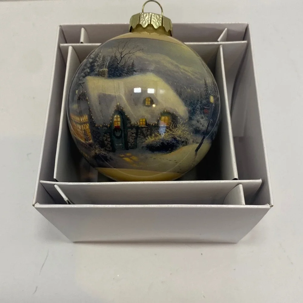 Thomas Kinkade Limited Edition 2011 Holiday Ornament Winter Cottage Scene Glass